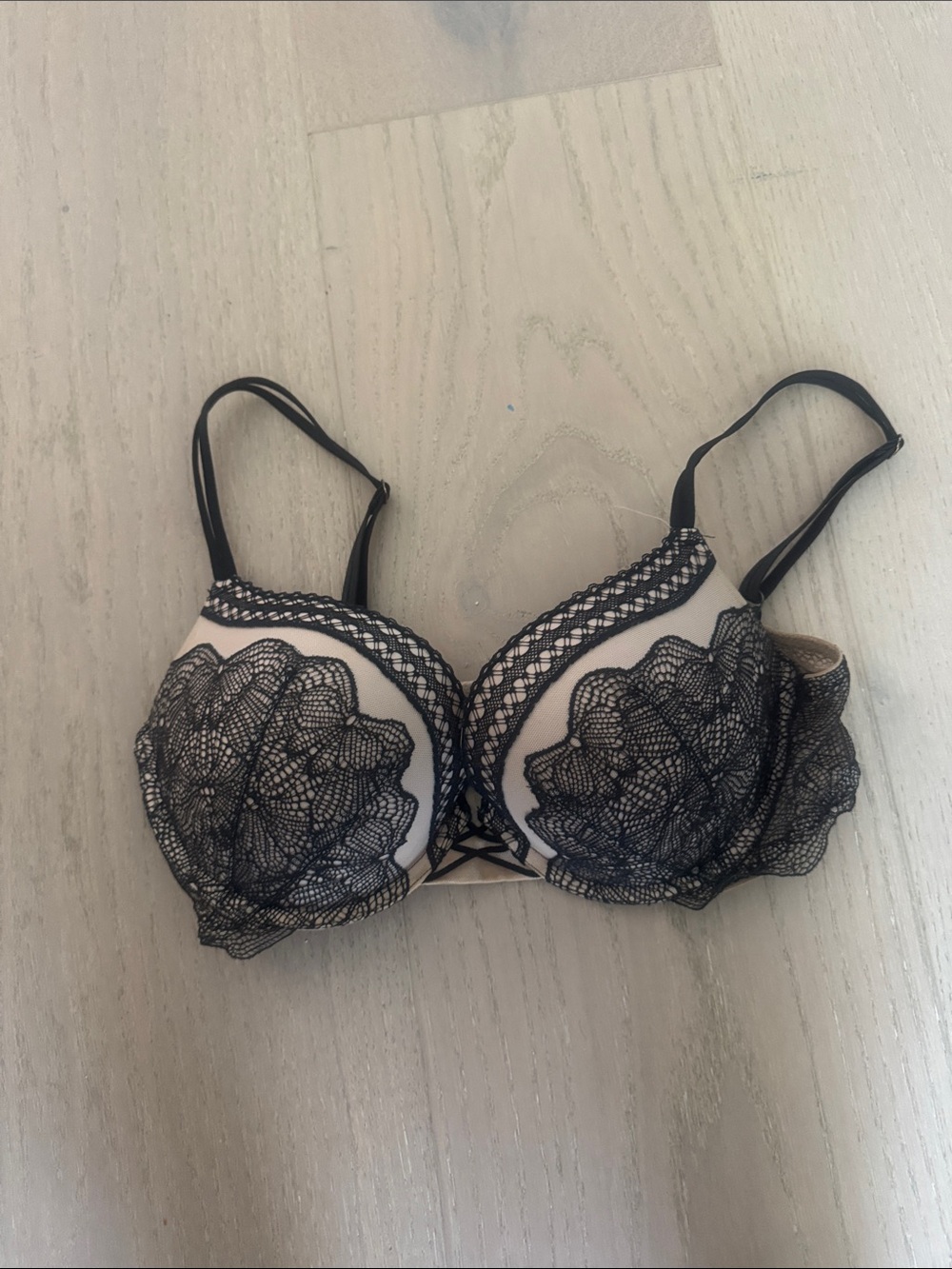 Victoria's Secret Black Lace Overlay Bra on Nude